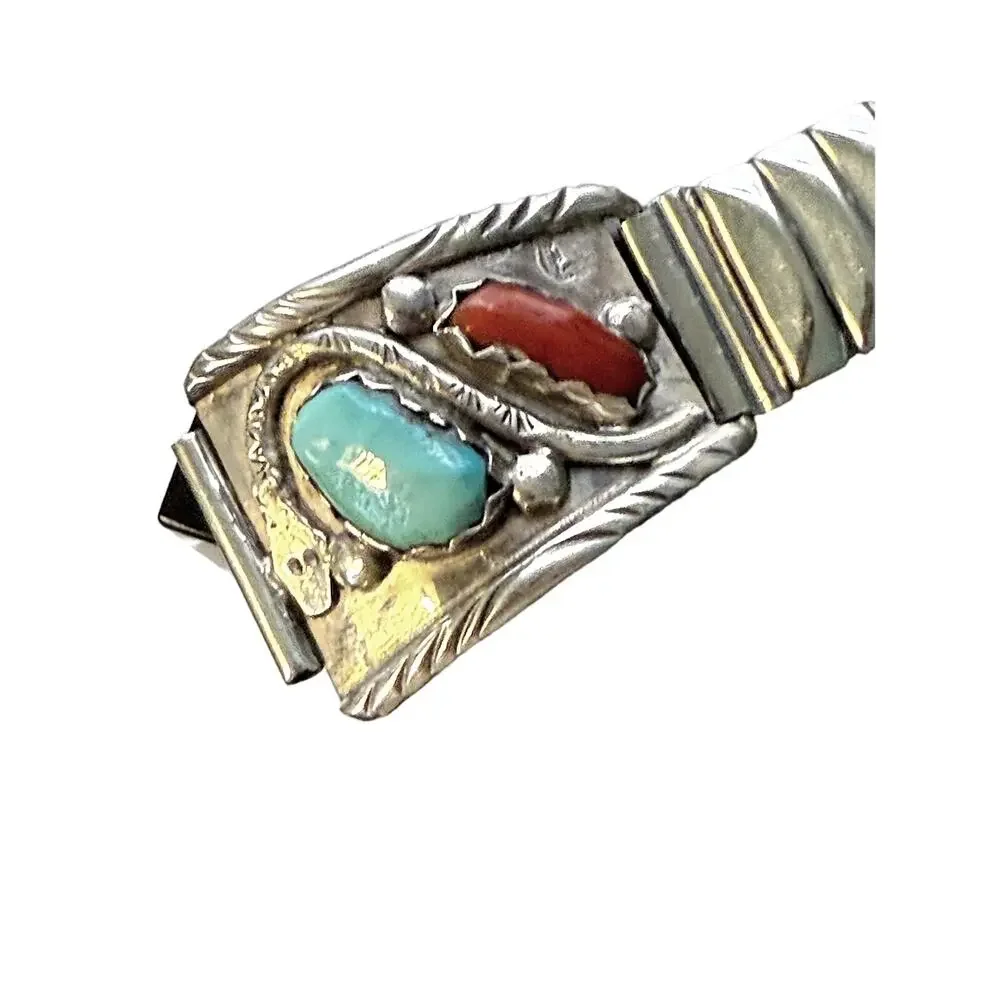 Signed Vance Cheama Zuni Turquoise Coral Watch Tip Band